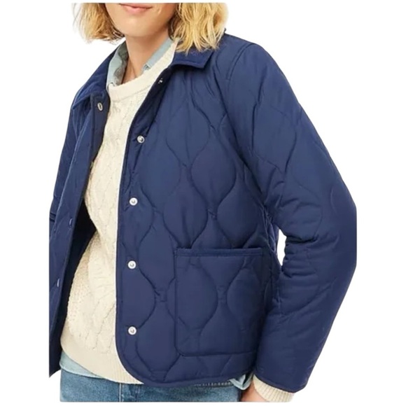 J. Crew** Navy Quilted Barn Jacket Corduroy Collar Pockets Snaps Size Medium NEW - Picture 1 of 16